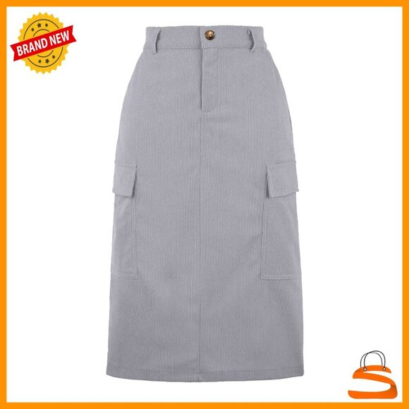 Dresses & Skirts - Corduroy Cargo Skirt High Waisted Elastic Back Midi A-Line Retro Chic